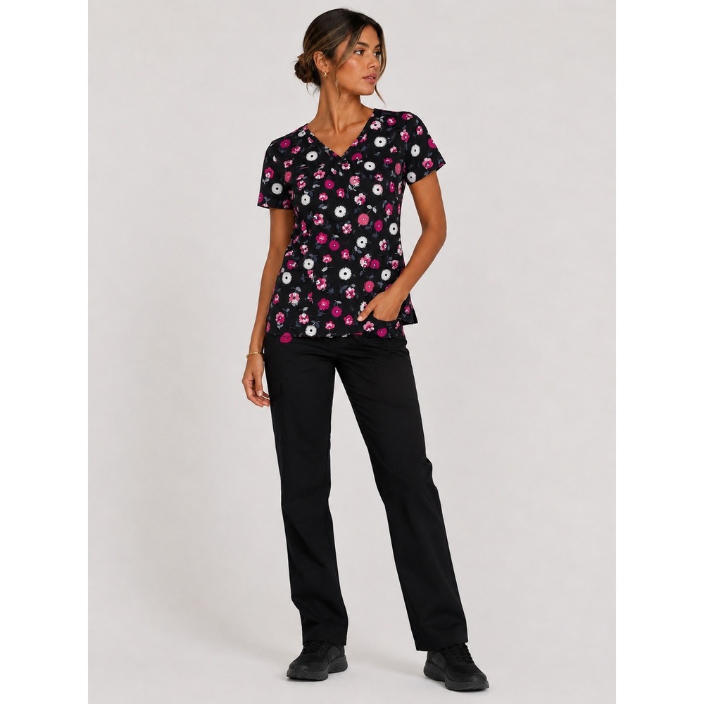 White Cross Scrub Top Black Pink Daisy Floral 100% Cotton XXL NWT New
